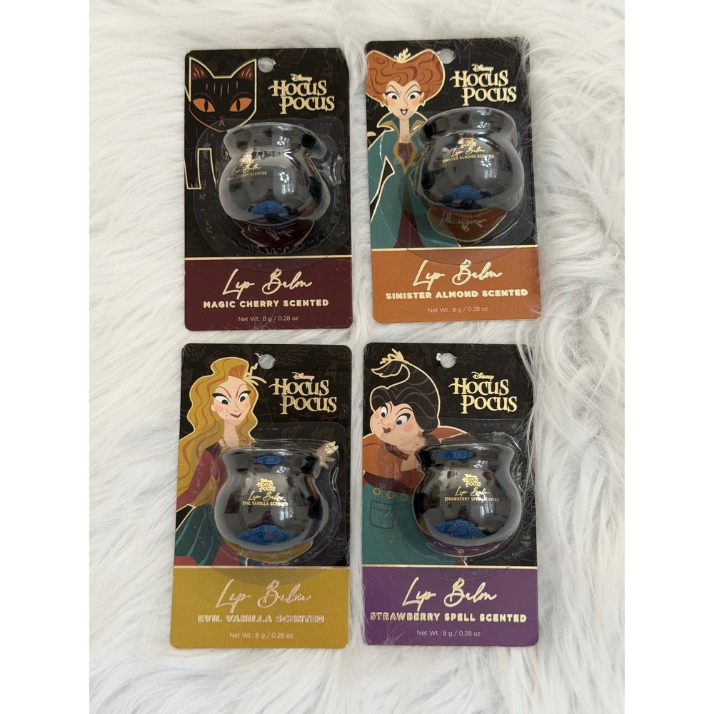 Disney Hocus Pocus Lip Balm Set 4 Cauldron Jars Cherry Almond Vanilla Strawberry